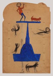 Bill Traylor, Blue Construction with Black and Orange People and Dogs, 1939-1942