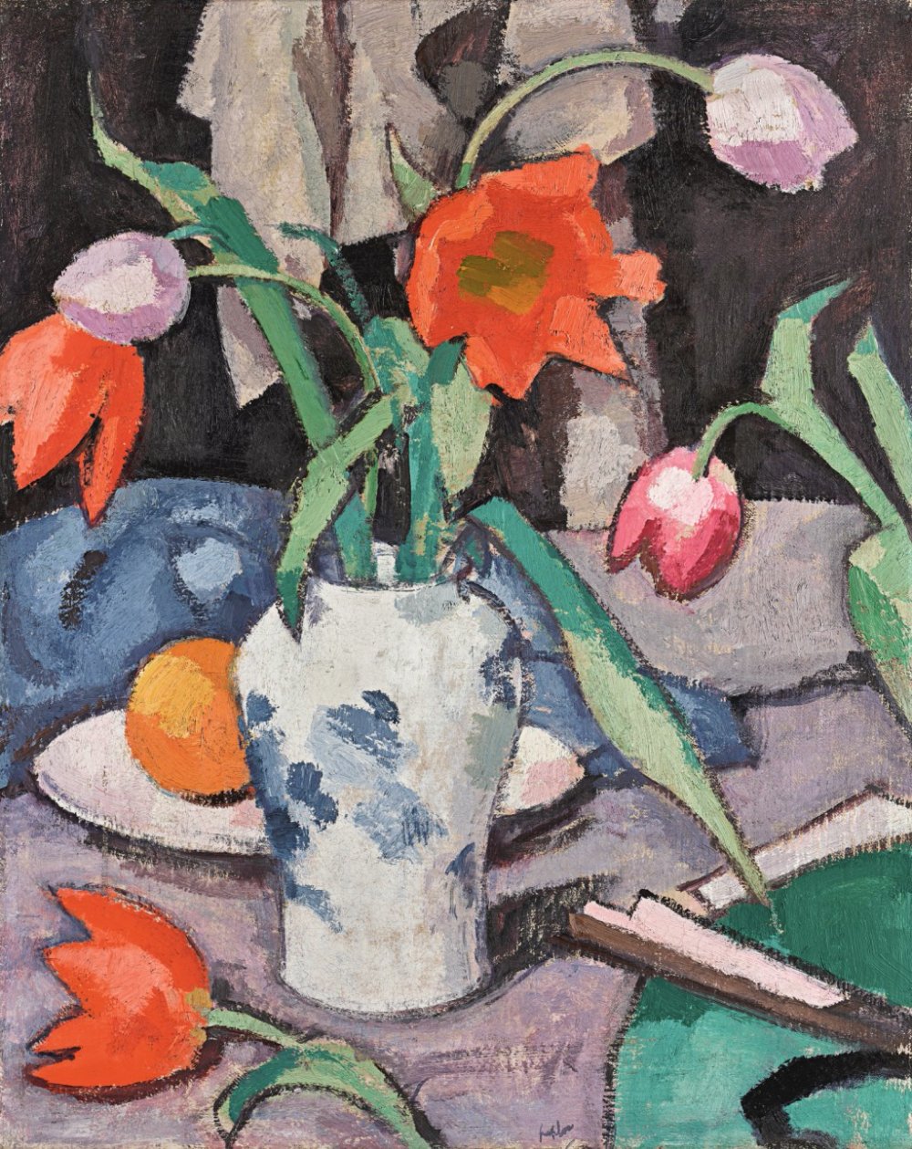 Samuel John Peploe, R.S.A., Still life with tulips and fan