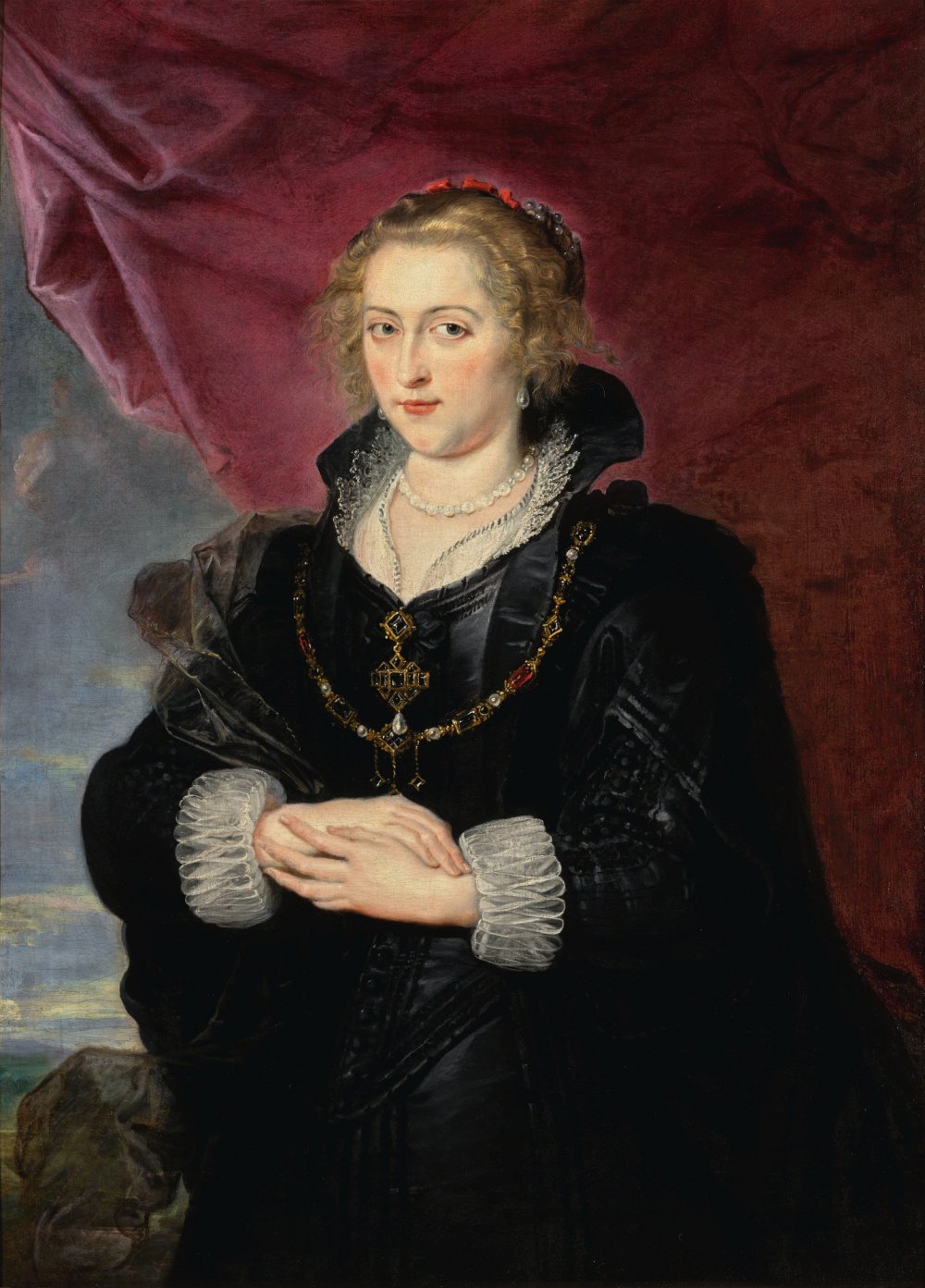 Sir Peter Paul Rubens, Portrait of a Lady, three-quarter length, wearing an elaborate black dress and cloak, before a red drape and a distant Landscape