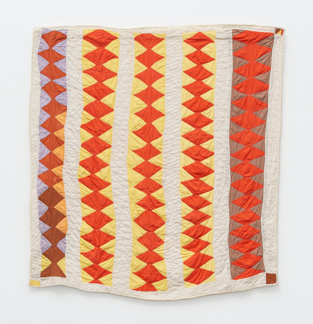 Ethel Young, 'Crosscut Saw' - (quiltmaker's name) - five diamond-pieced rows with bars, c. 1970