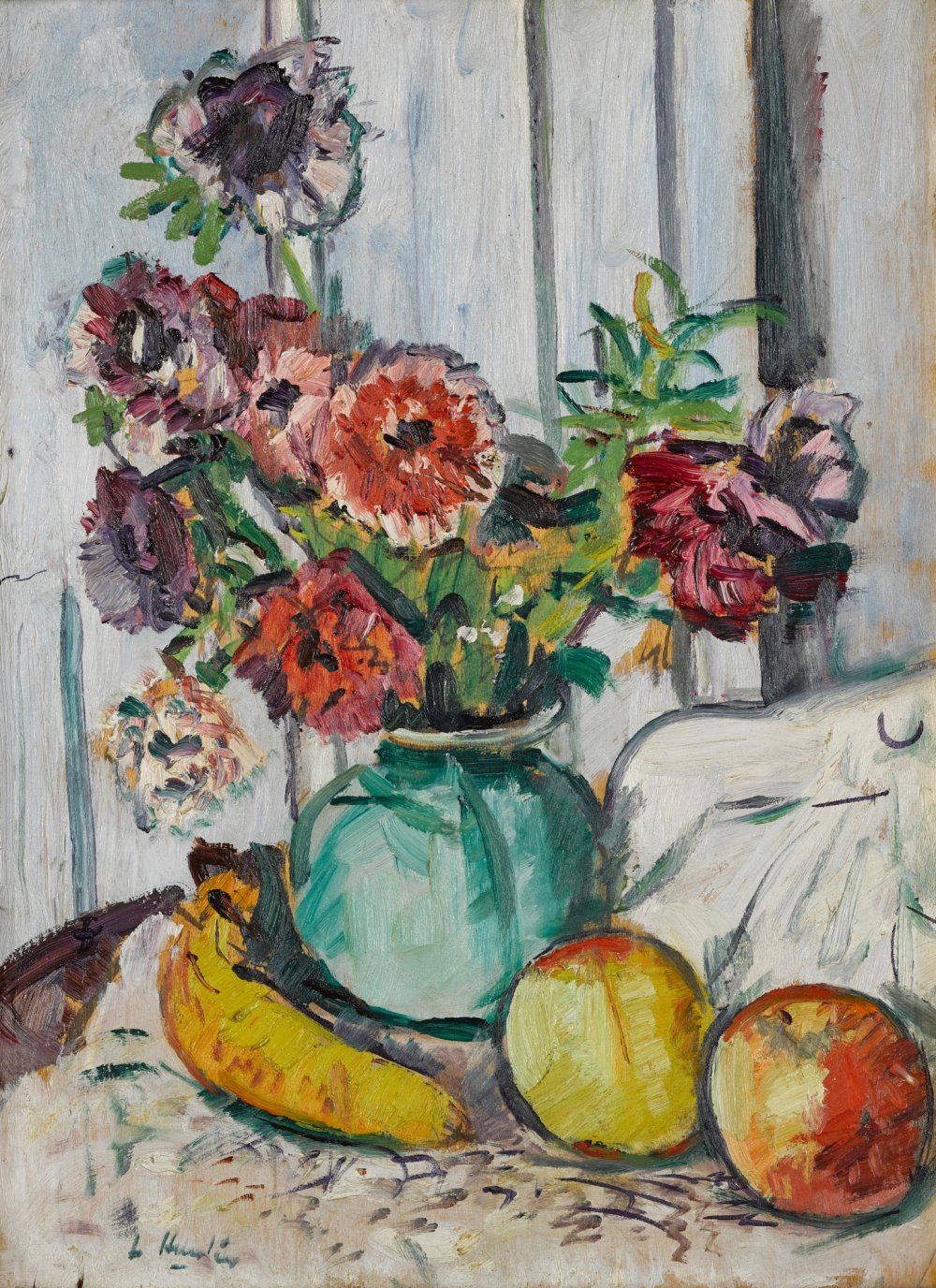 George Leslie Hunter, Anemones in a Green Vase, with Fruit, 1925-26