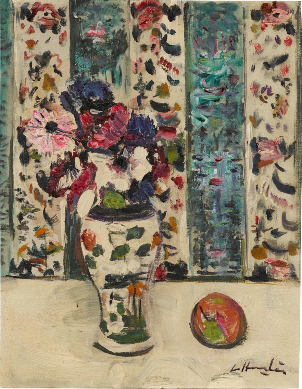 George Leslie Hunter, Still Life of Anemones with Striped Wallpaper, circa 1928-29