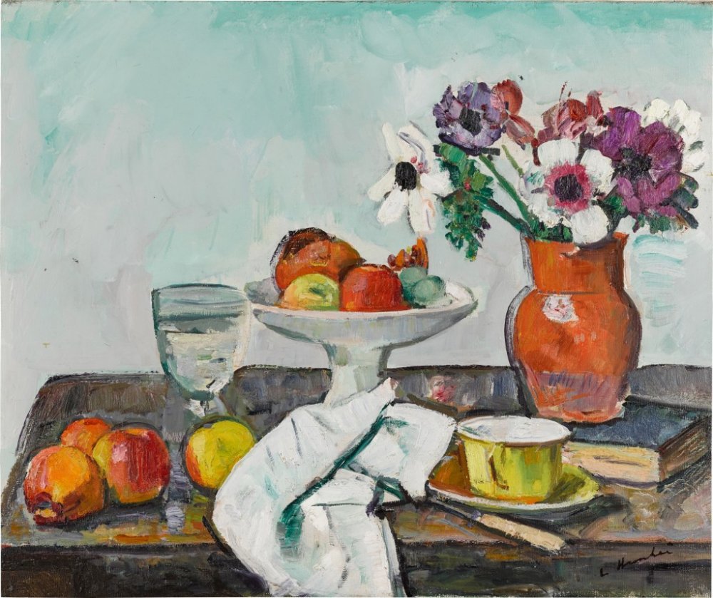 George Leslie Hunter, Still Life of Anemones in a Red Vase with Yellow Teacup and Apples, 1927-28