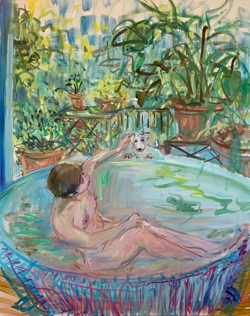 Deborah Brown, Bathtub Self-Portrait with Zeus V, 2020