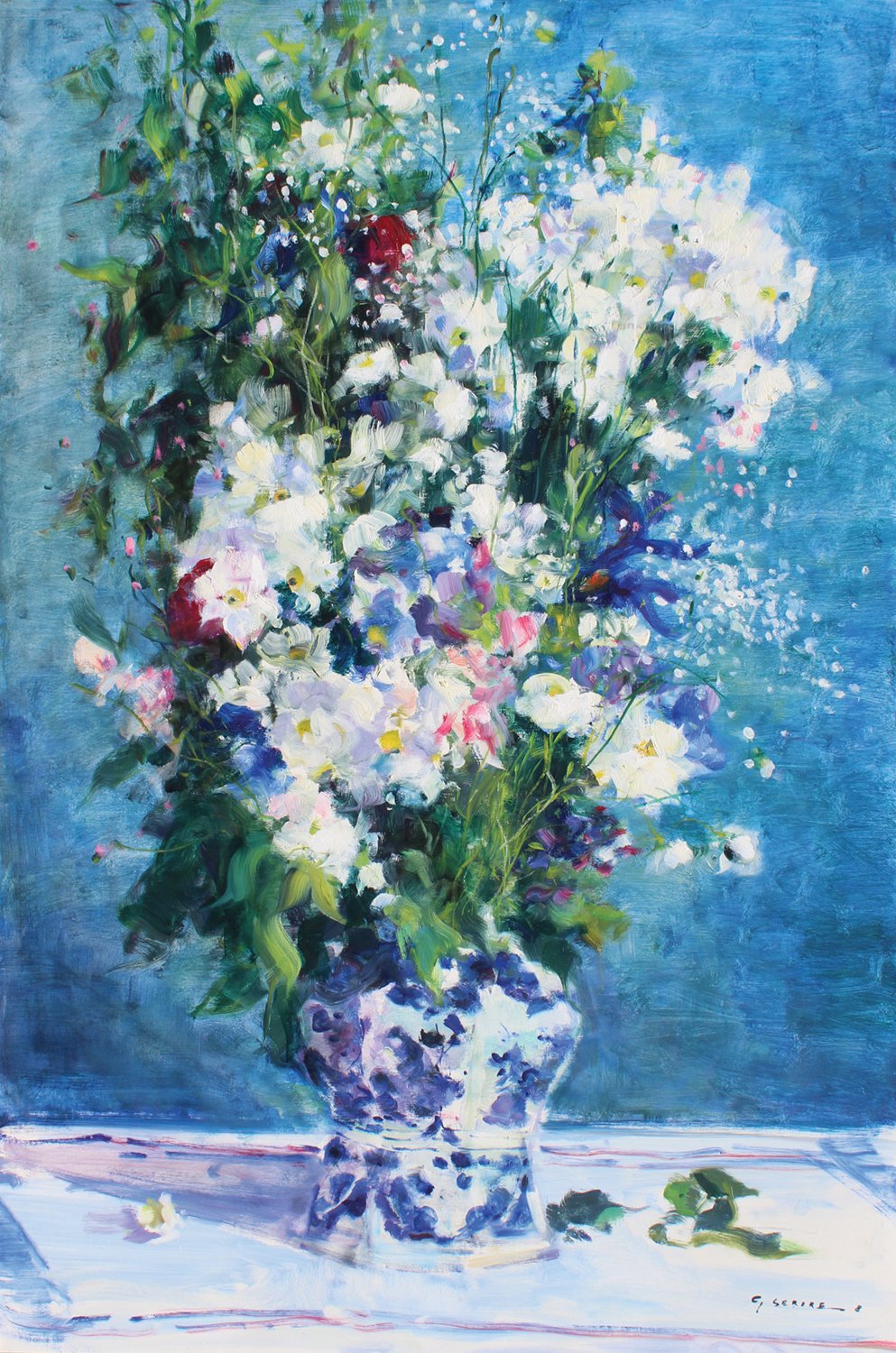 Gaston Sébire, Le bouquet au fond bleu et paquerettes, 1980