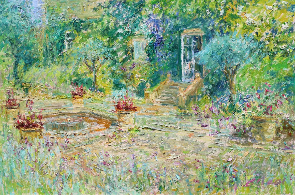 Charles Neal, The Terrace Garden, Morning Light, view to the French Doors, En plein air