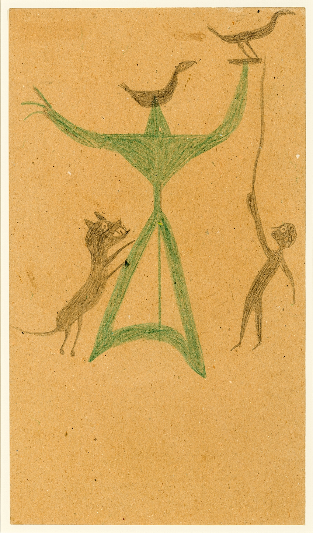 Bill Traylor, Untitled (Birds, Dog and Man with Green Construction), about 1939-42